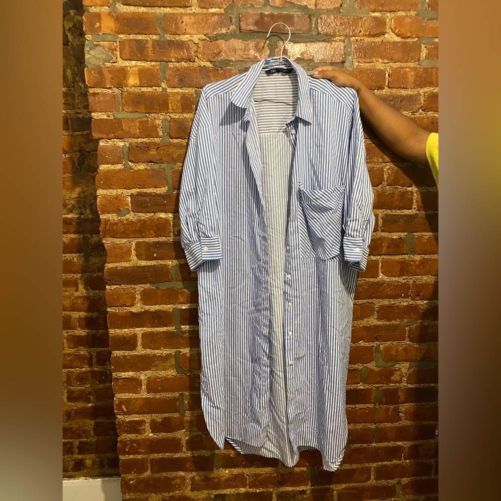 Zara blue & white pinstripe maxi shirt dress